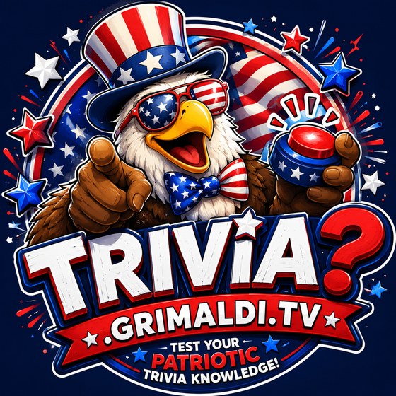 Patriot Trivia mascot: a bald eagle in a red, white, and blue Uncle Sam hat